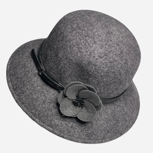 Nine West Bucket Hat 100% Wool Gray Felt Wool Flower Adjustable Band OS NEW - Picture 2 of 9